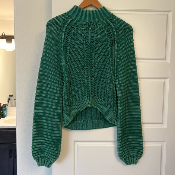Free People Sweetheart Green Chunky Knit Mock Neck Oversized Sweater - Picture 3 of 5
